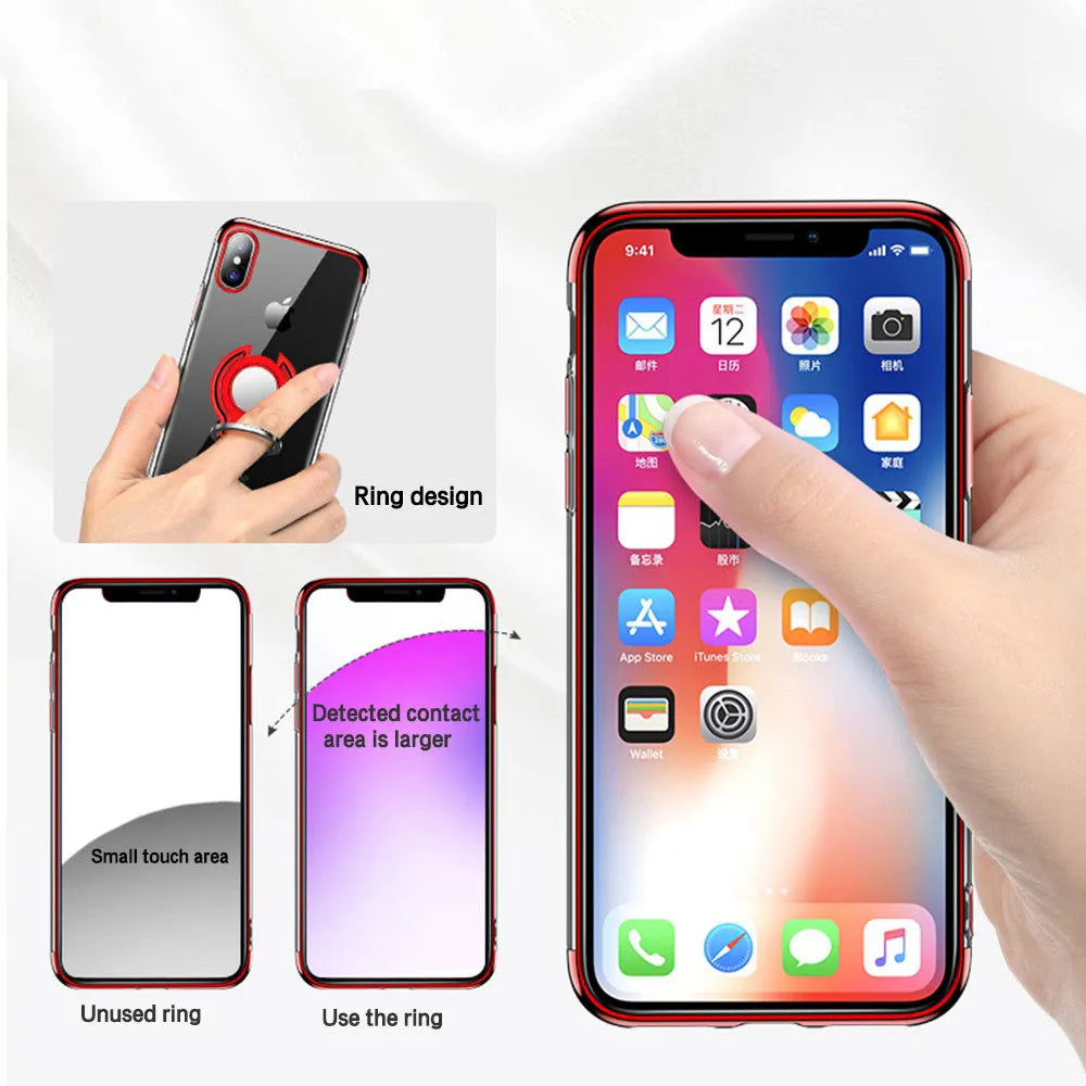 Black magnetic ring phone case for iPhone XR with protective shell, ports accessible