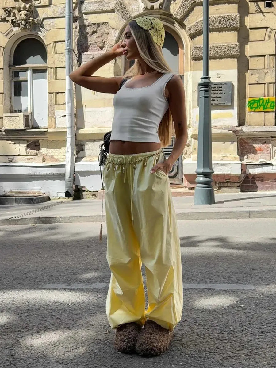 Women's yellow cotton drawstring straight leg loose casual trousers, mid waist, sizes S M L, European American style work clothes