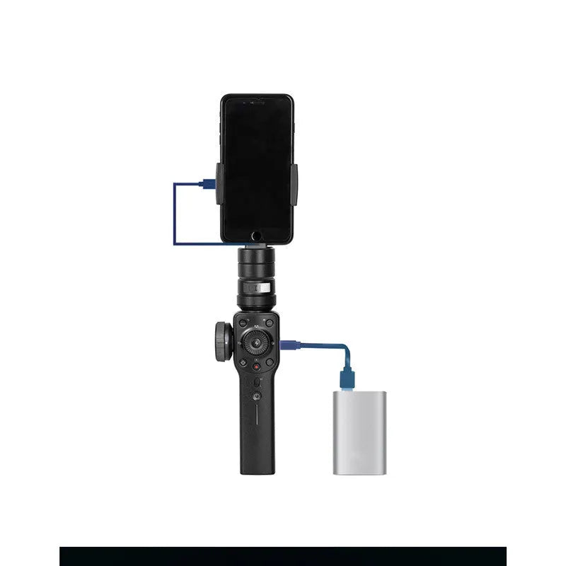 Black handheld smartphone gimbal stabiliser for video filming on a dark background.