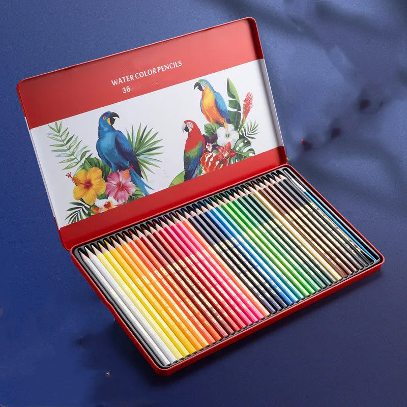 Water-soluble oil-based colour pencil drawing set in tin box with 36 colours displayed