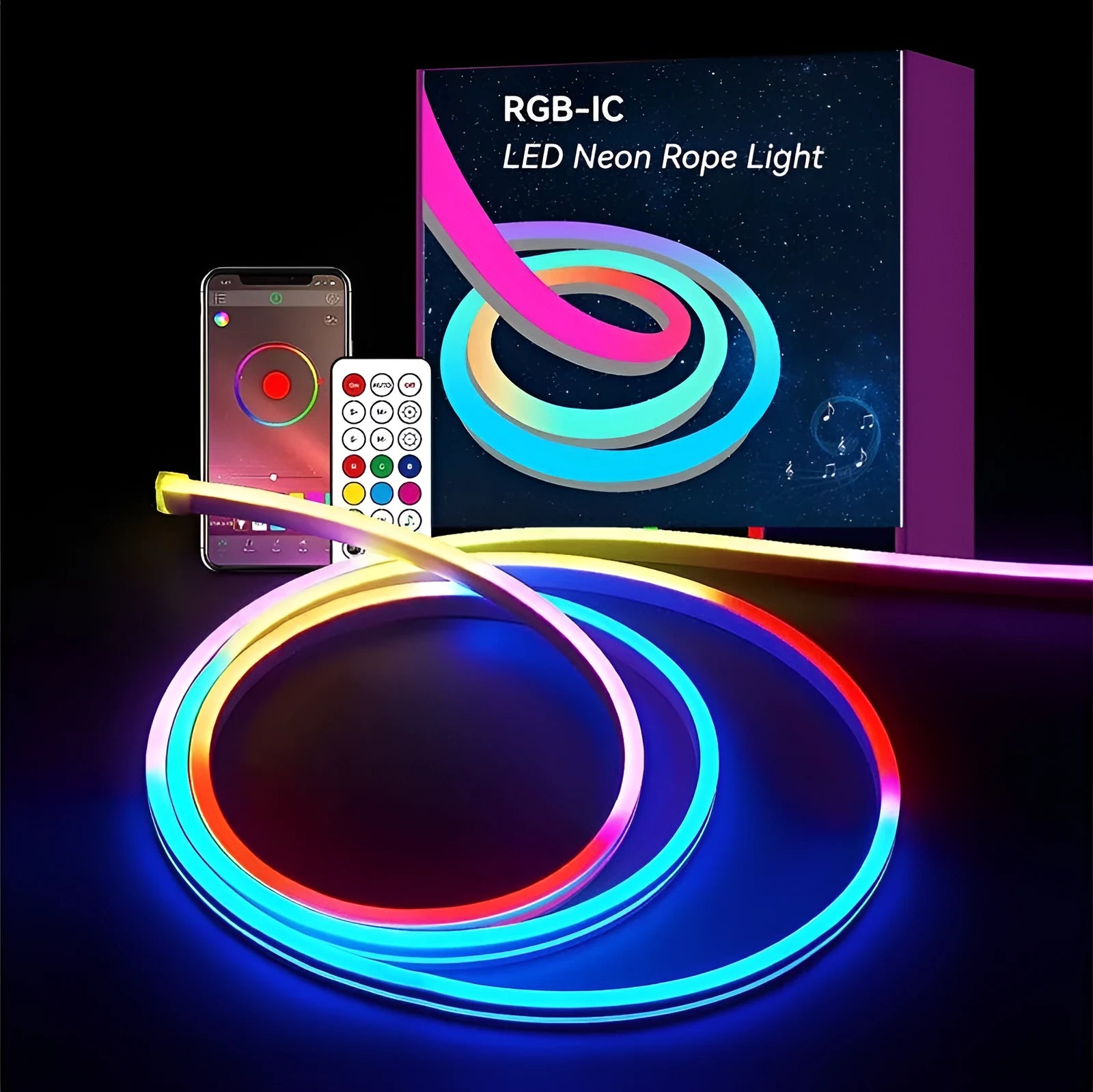 Colourful neon LED strip light with silicone bar, music sync remote, 72 5050 beads per metre, full colour, 5M roll indoor waterproof lighting