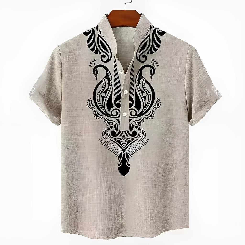Men's striped linen leisure shirt with personalised buttons in loose fit casual styling