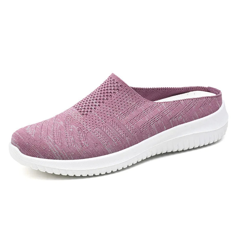 Plus size toe cap semi slippers in purple, gray and black with soft bottom and breathable mesh lining