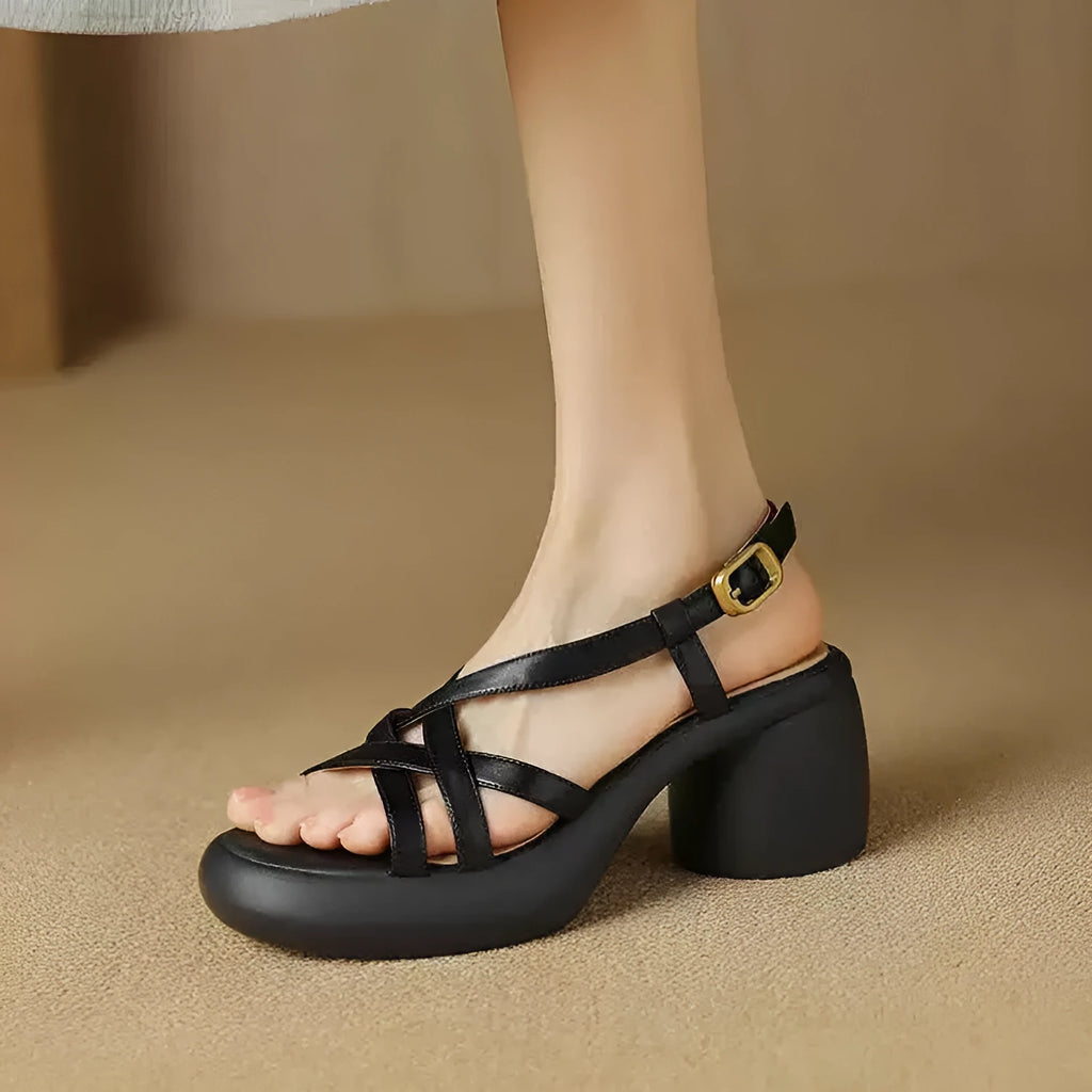 Retro PU high heel sandals for women, open toe, mid heel, ankle-strap buckle, black colour