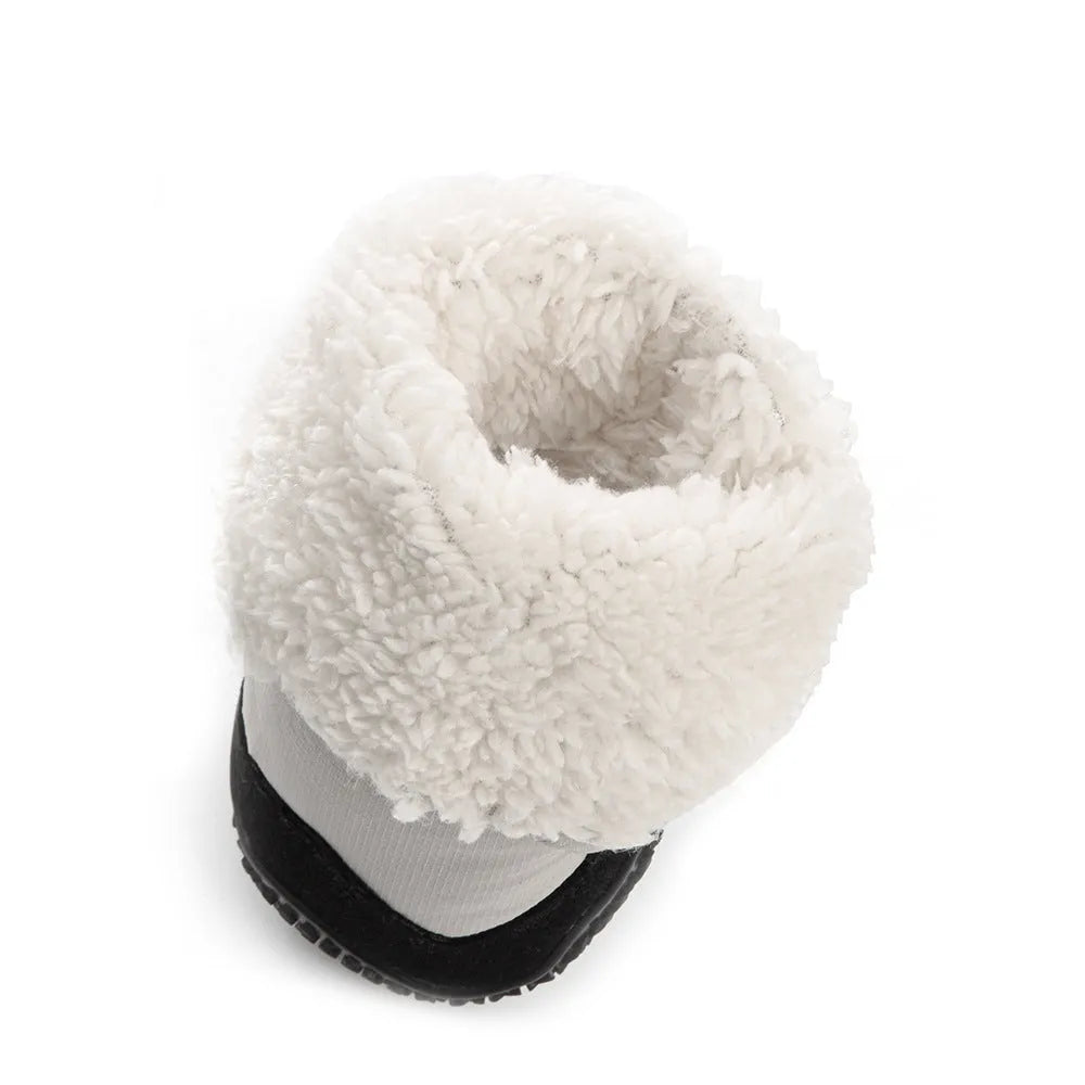 Winter warm dog boots with thickened long velvet lining, black, set of two boots on grey background