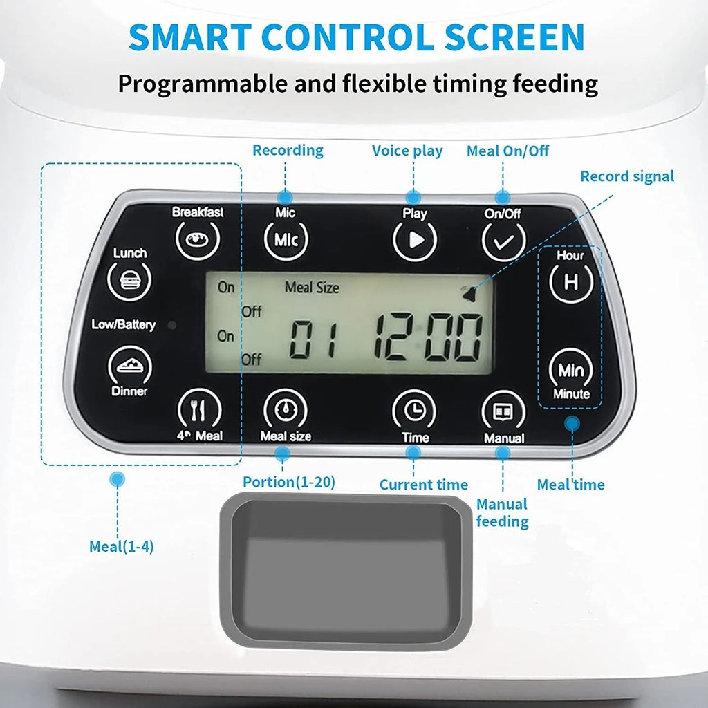 White ABS pet automatic feeder with button control for fixed point and manual feeding for cats and dogs