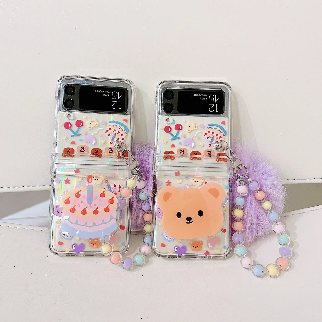 Transparent PC phone case with purple fur ball and cartoon bear head bracket for Samsung ZFlip3 and ZFlip4