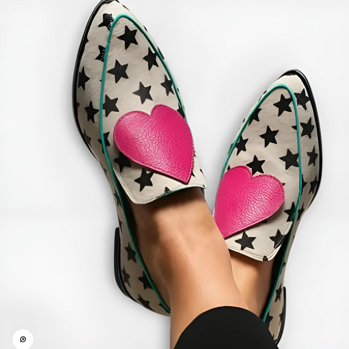 White women's low-heel pointed-toe shoes with heart and star trim, PU upper, rubber sole, sizes 34-43