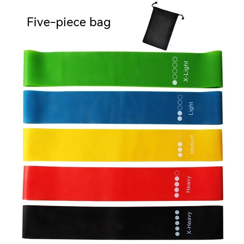 Five colour-coded yoga tension straps in green, blue, yellow, red, and black with force marks
