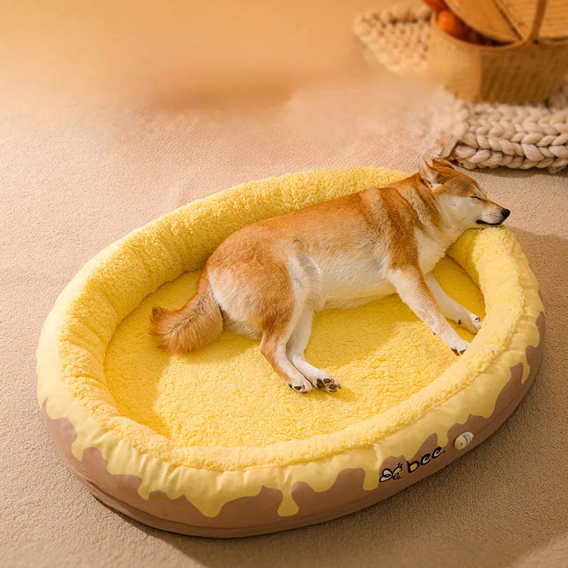 Grey and yellow washable pet bed with detachable cover for small and medium dogs and cats