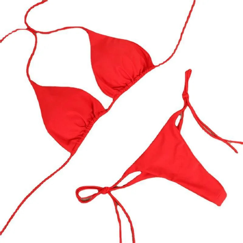 Halter neck tie bikini set for women in milk silk fabric, six colour options including black, white, red