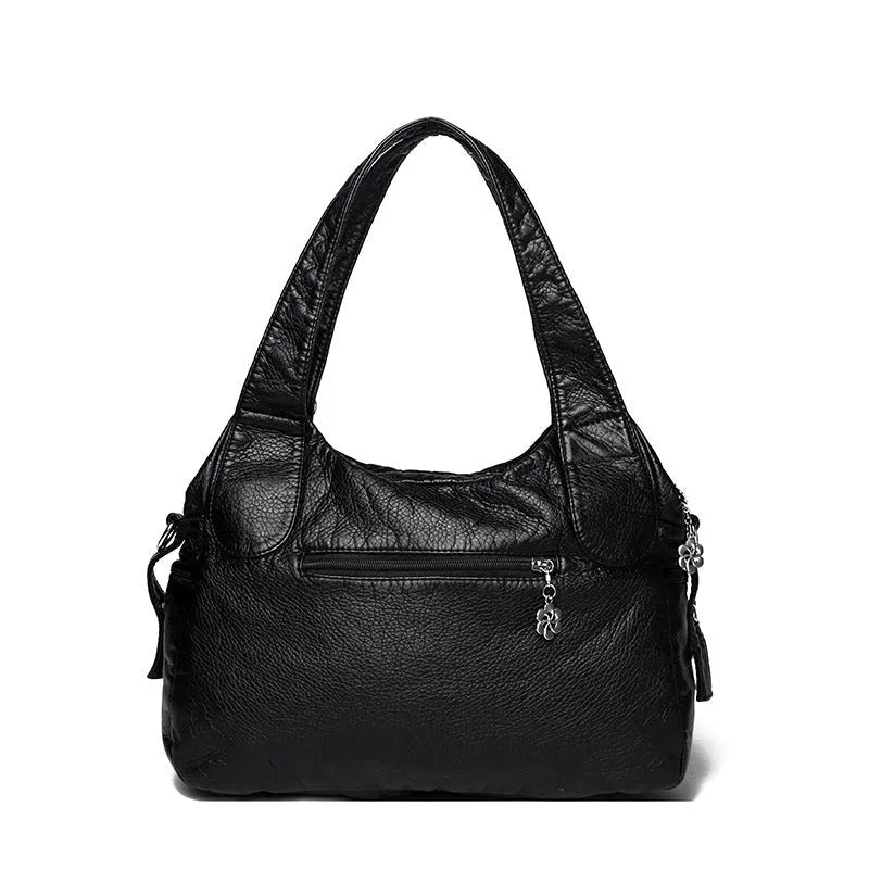 Women's large capacity washed leather handbag in soft PU with horizontal square shape and multi compartment interior