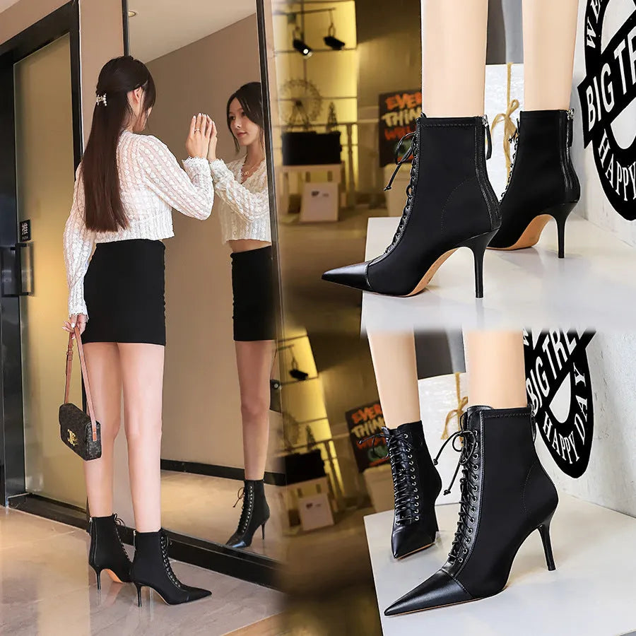 Women's black stiletto heel boots with pointed toe and back zipper, 6-8cm heel, sizes 34-43