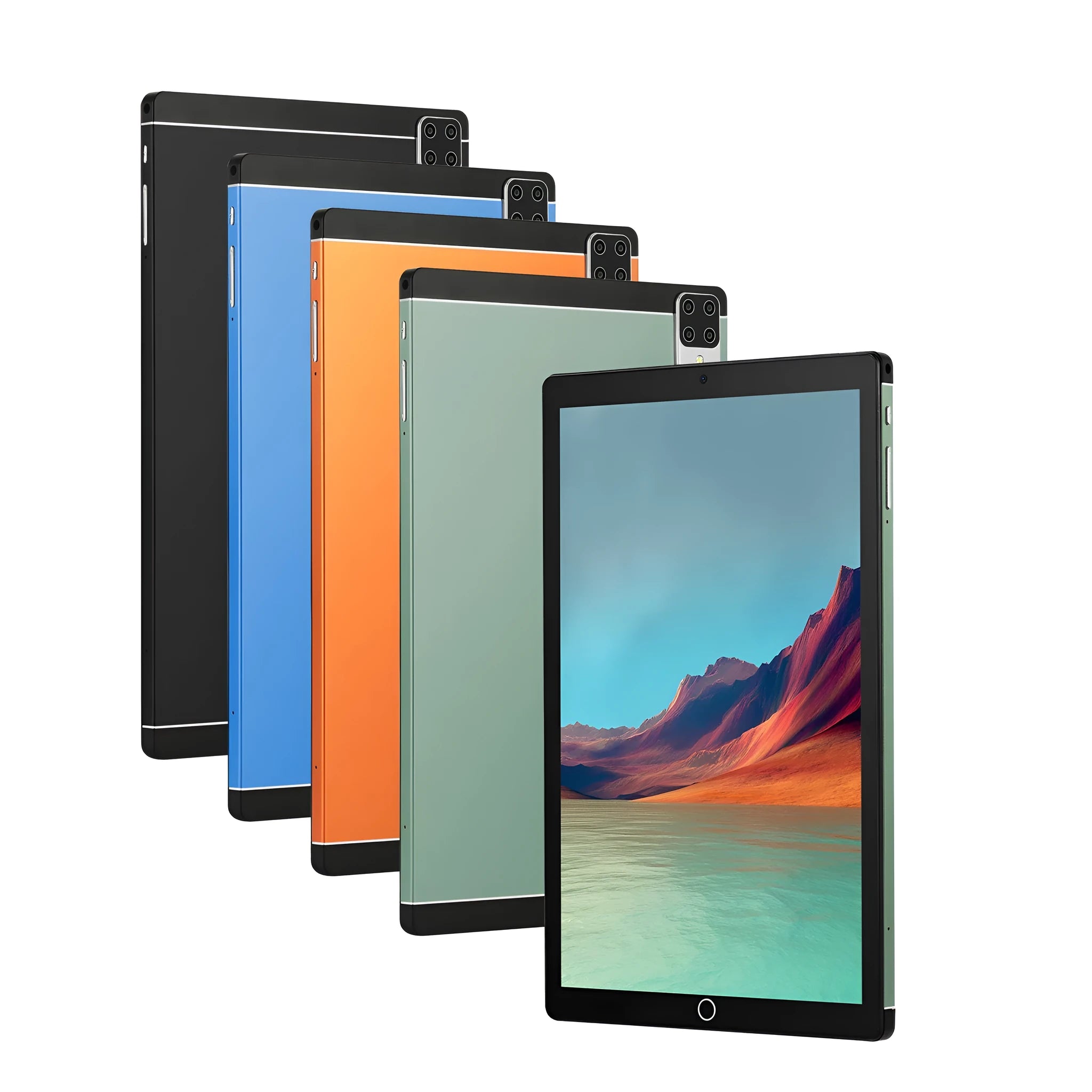 Slim 11.6-inch Android tablet in green colour, showing home screen with dual SIM signal and GPS icon.