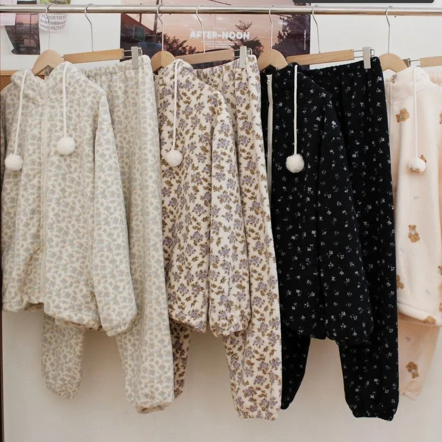 Lace jacquard coral fleece hooded pyjama set for women, winter sleepwear, long sleeves, thickened fabric