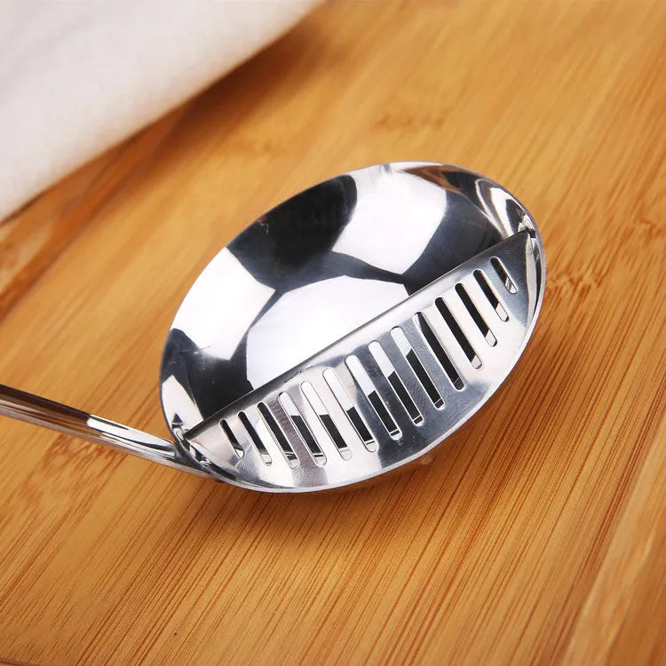 Stainless steel detachable colander spoon with large strainer head on white background