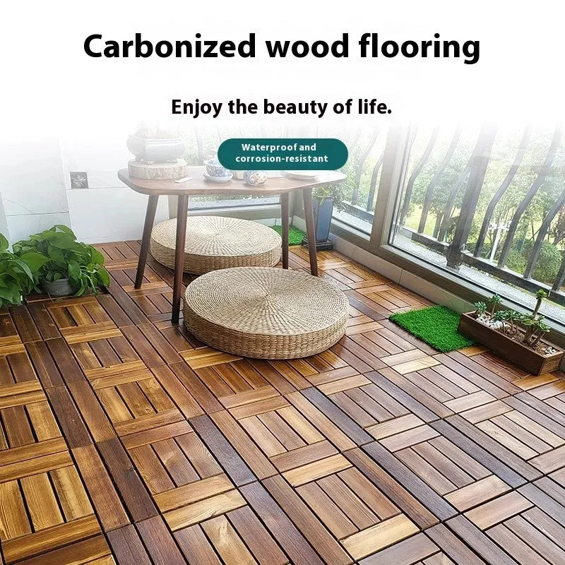Square camphor pine wood flooring tile with brushed texture, 30x30cm, for balconies and patios.