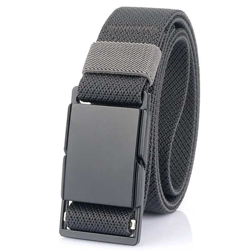 Men's casual belt with a silver magnetic alloy buckle on a long polyester strap.