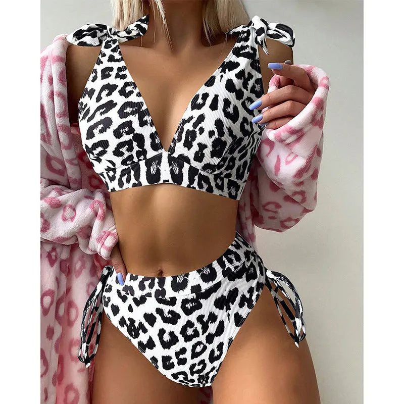 Women's sleeveless lace-up chest cover high waist suit in purple leopard print on white background