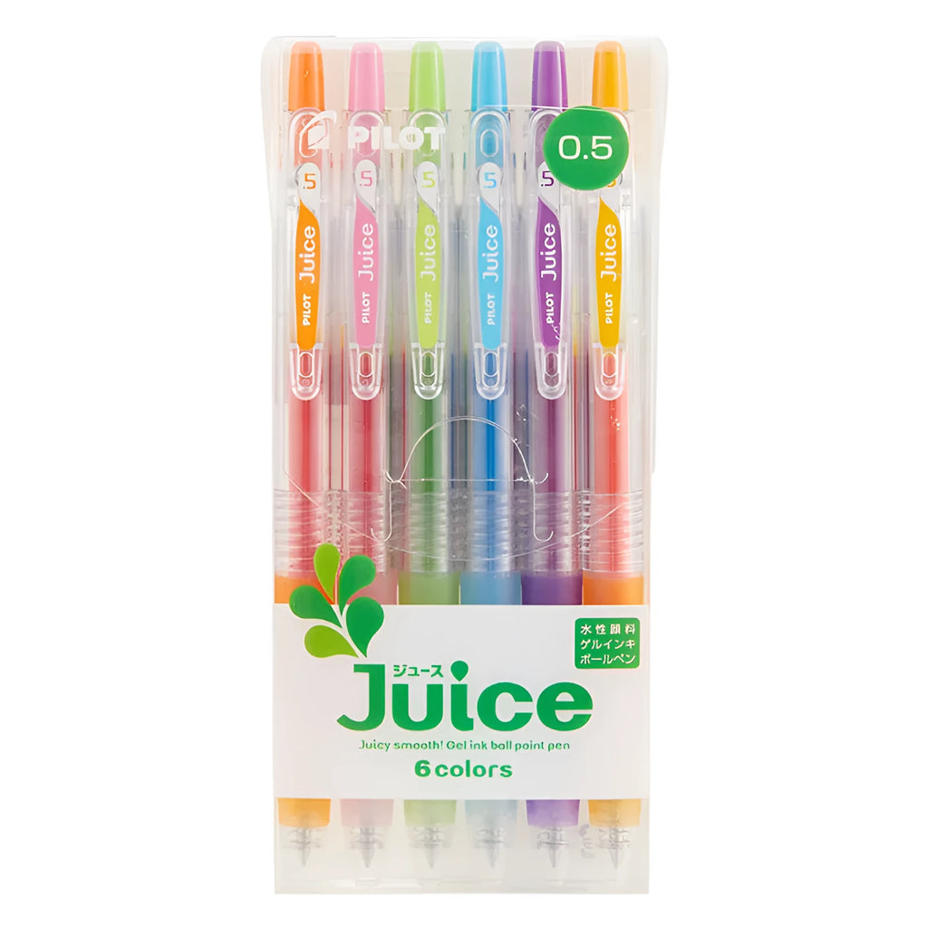 Set of six Direct Juice Baiguole 0.5mm gel pens showing metallic gold, silver, and pastel coloured barrels.
