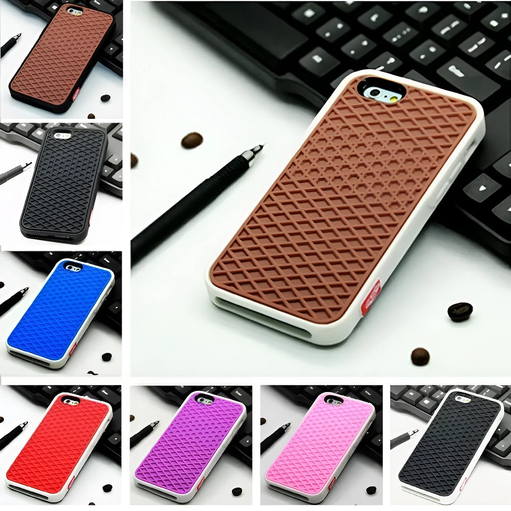 Waffle sole silicone phone case for iPhone 6s with checker pattern texture in black edge on brown background