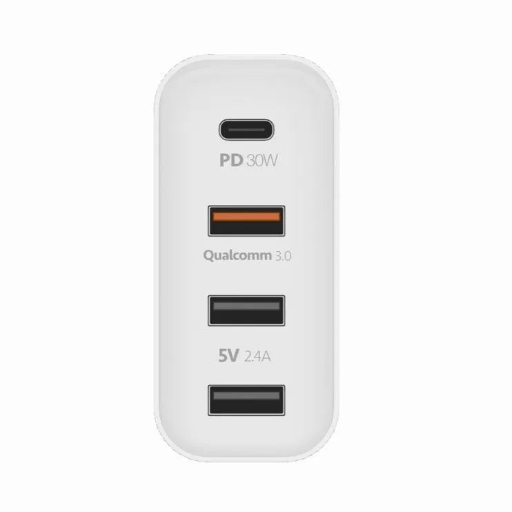 Black and white 48W four-port USB-C wall charger with LED light and regional plug.