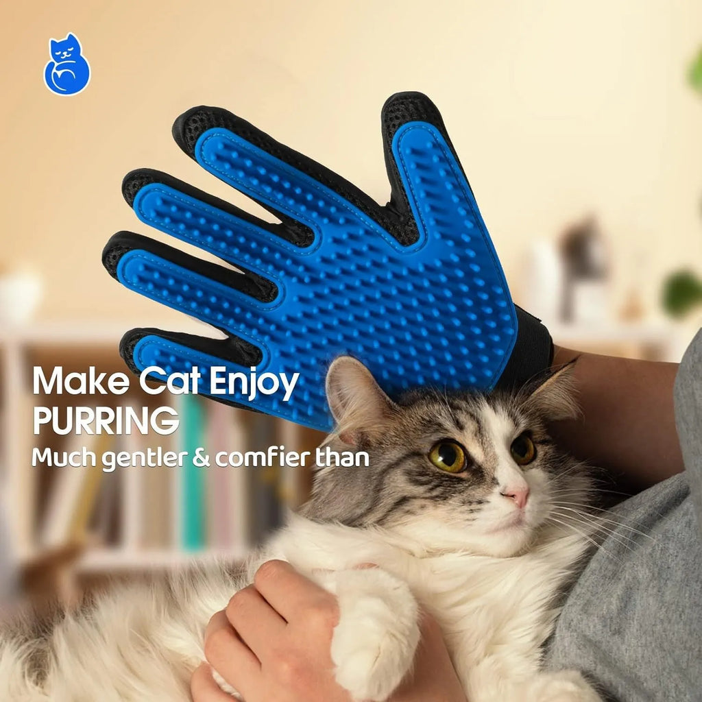 Blue silicone pet grooming glove with 255 fingertips for removing hair from dogs and cats.