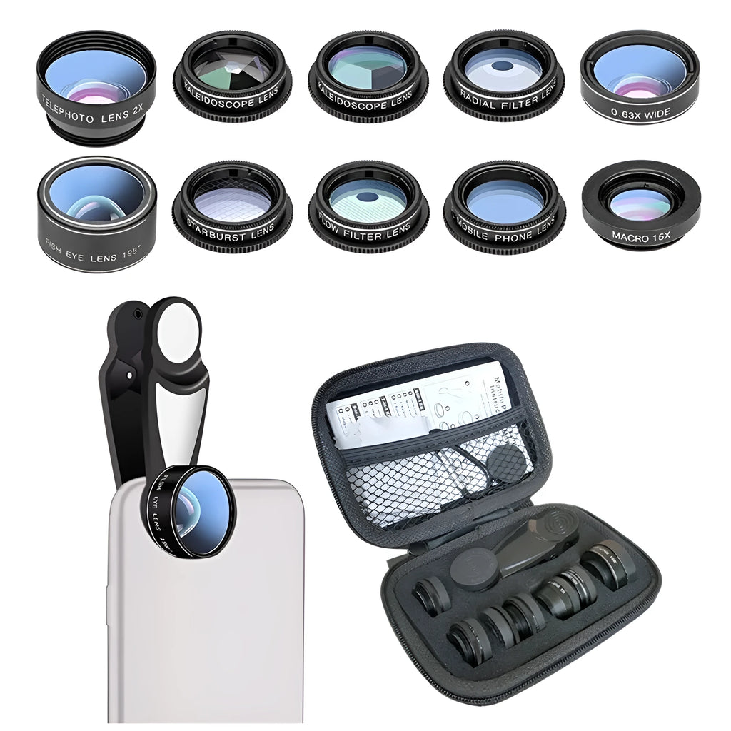 Black ten-in-one smartphone fisheye lens kit with aluminium-magnesium alloy housing and HD glass optics