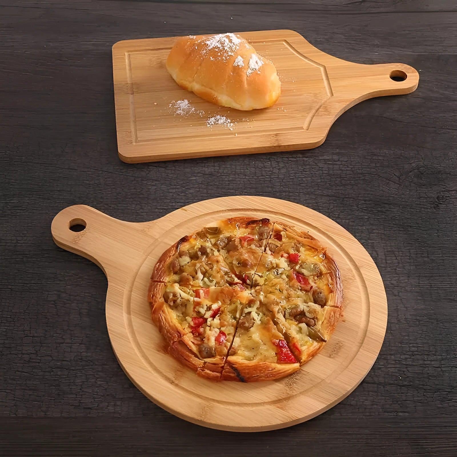 Bamboo fibre multipurpose chopping pizza and fruit board 33x18cm on kitchen counter