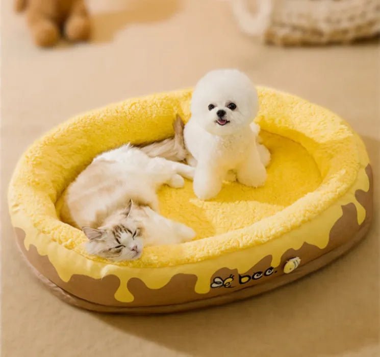 Grey and yellow washable pet bed with detachable cover for small and medium dogs and cats