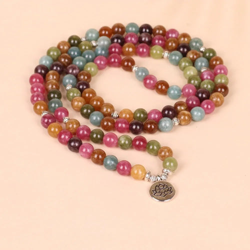 108 bead multi-layer bracelet with lotus hanging element in tourmaline colour