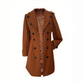 Women's dark brown double breasted chenille coat with splicing detail, slim fit, medium length, long sleeves