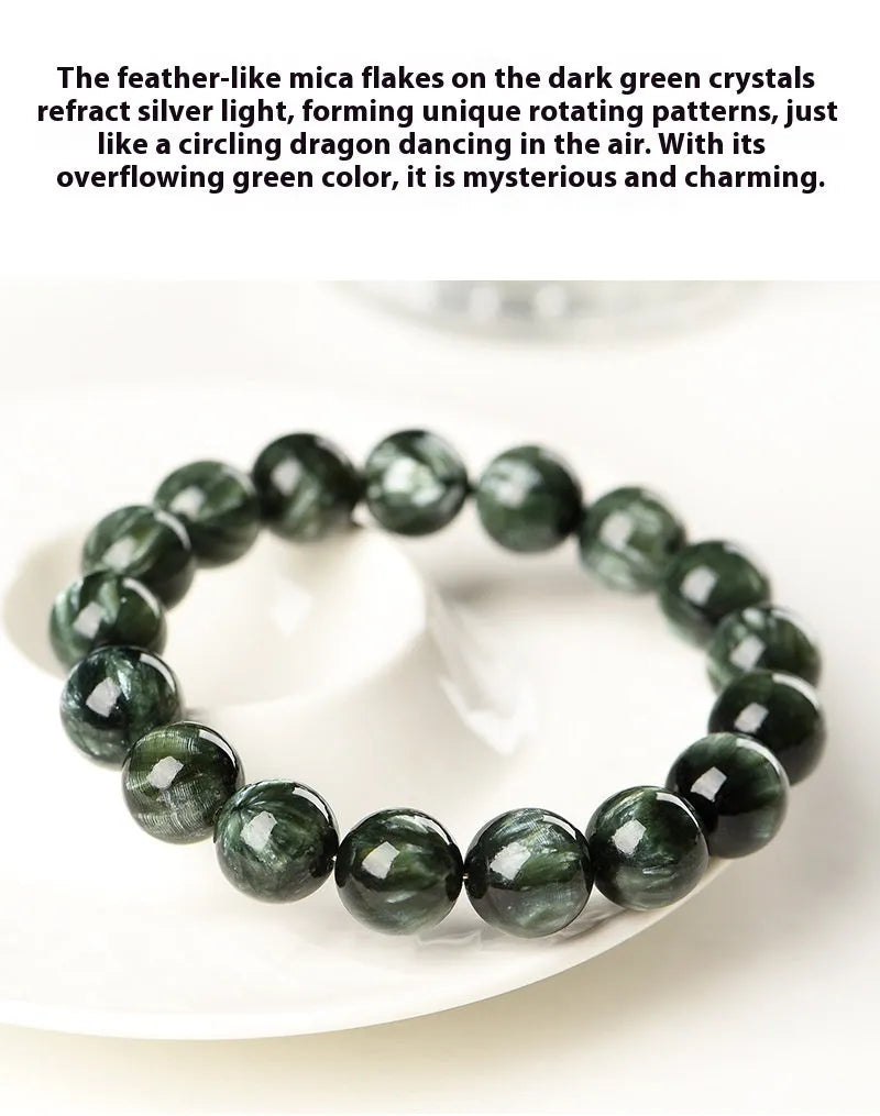 Green Dragon natural crystal bracelet with 8-9mm round beads and ruyi design detail