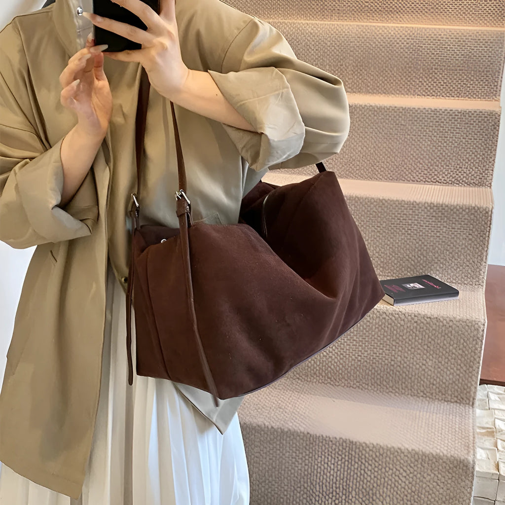 Women's large capacity suede pillow shoulder bag in PU leather, black colour, with outer slit pocket