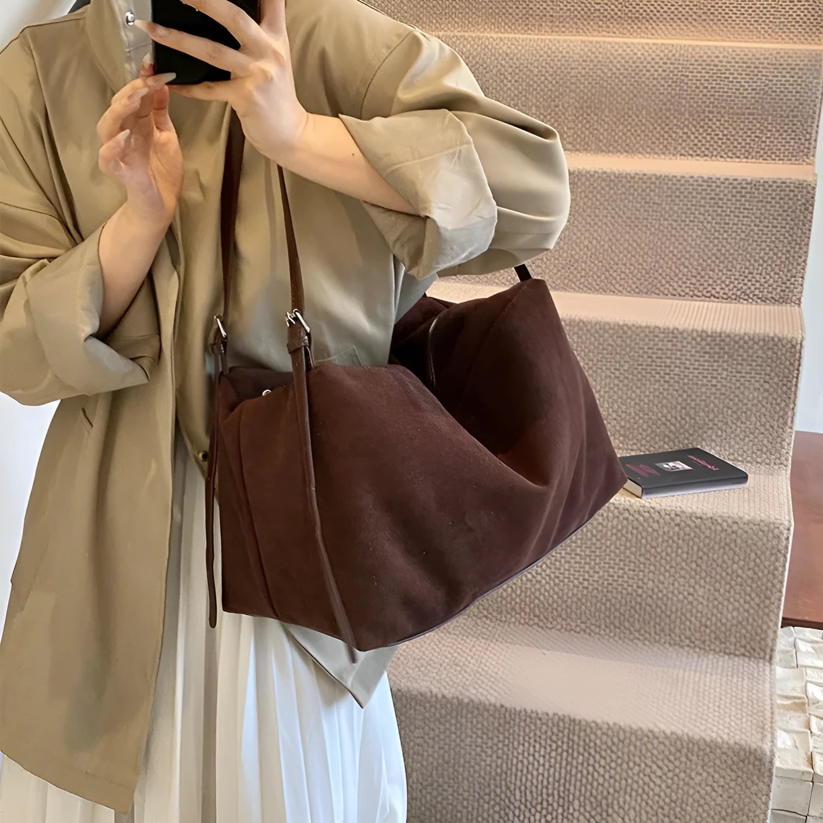 Women's large capacity suede pillow shoulder bag in PU leather, black colour, with outer slit pocket