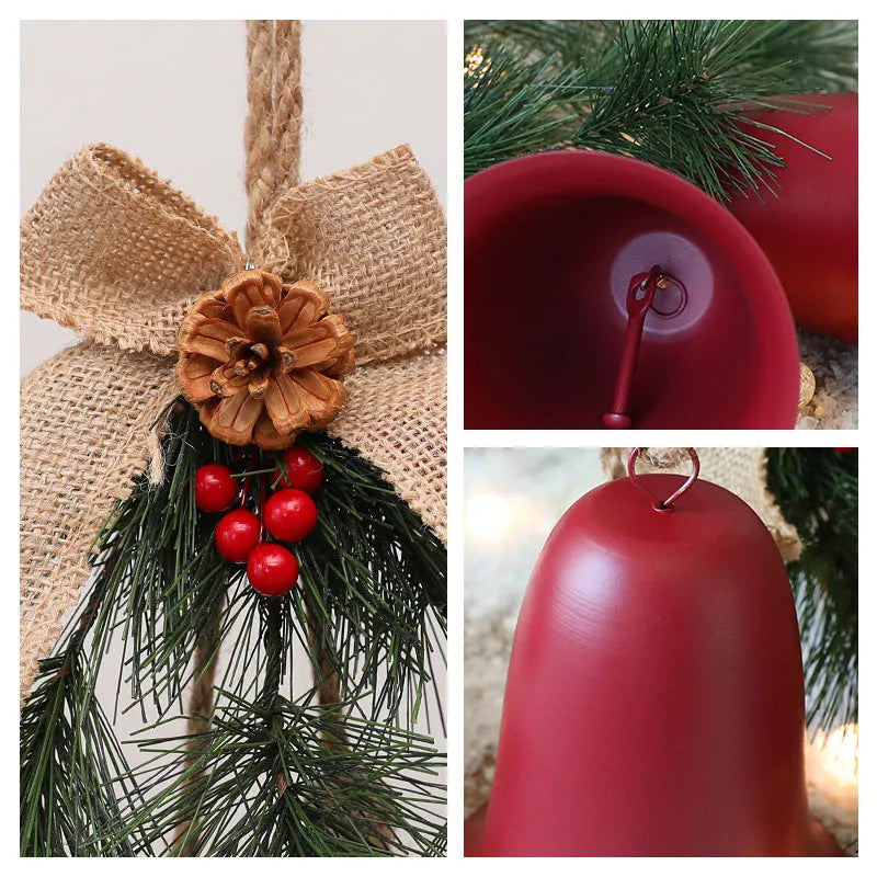 Red velvet bow bell pendant with gold bell accents on a white background