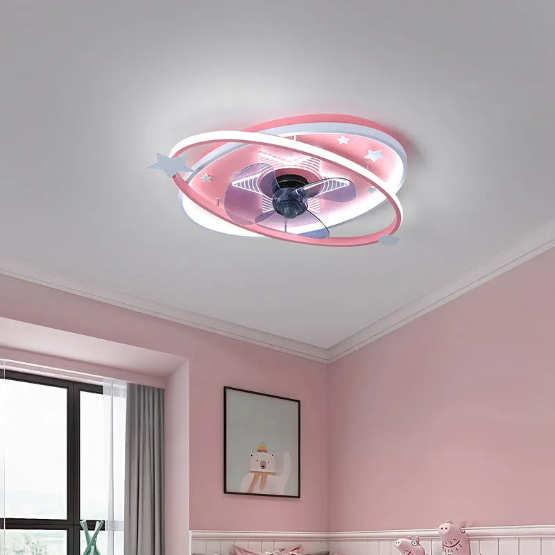 Blue children's bedroom ceiling fan with light fixture and remote control