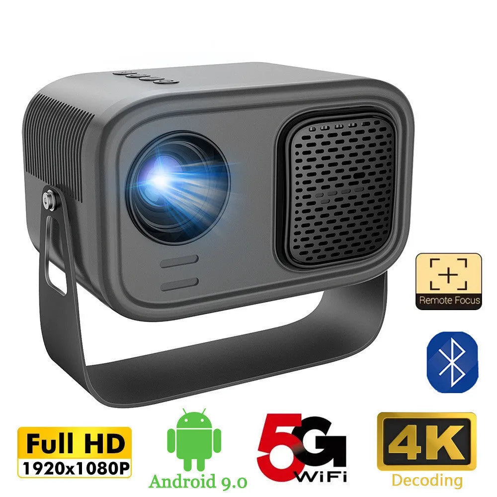 Black portable HD projector with Android system, remote control, and universal power cables