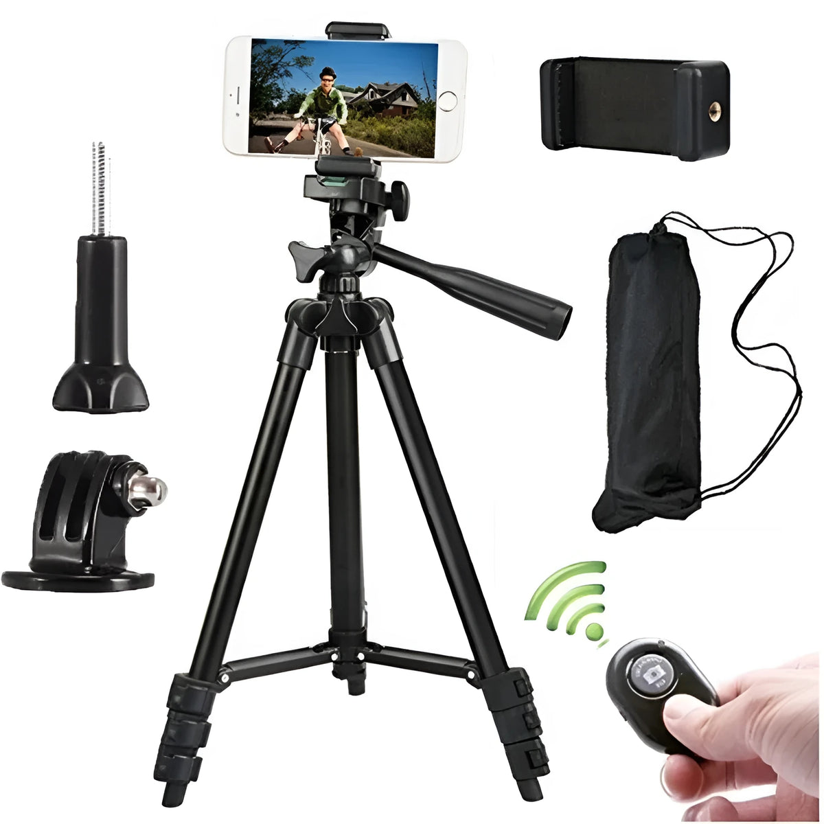 Lightweight aluminium alloy camera phone tripod with 3D pan/tilt head and quick release plate, silver or black.