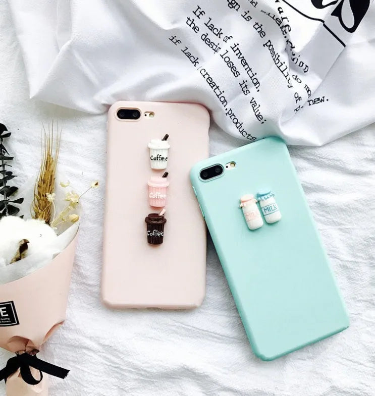 Frosted phone case with 3D milk bottle and coffee cup figures in turquoise or light pink for iPhone