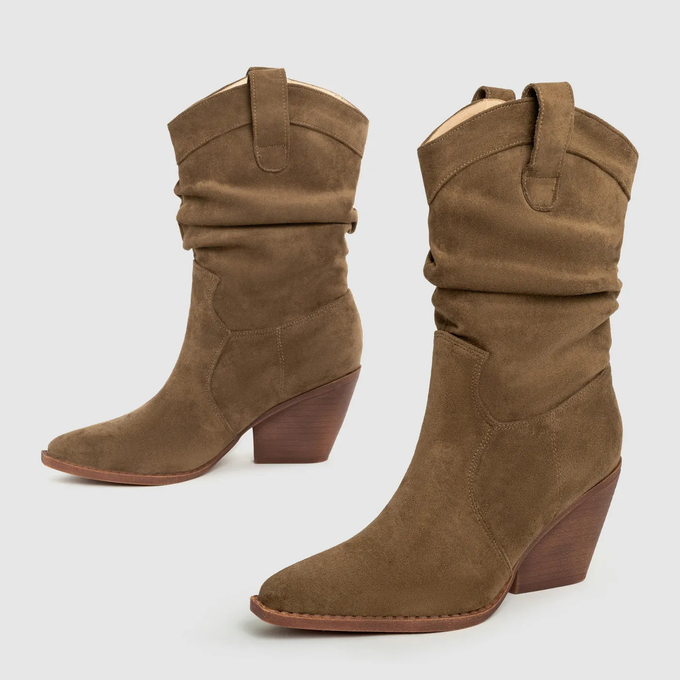 Women's thick heel ankle boots in brown with belt buckle detail and pointed toe