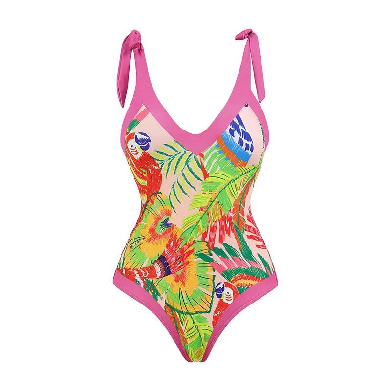 Retro floral print one-piece swimsuit with V-neck design and thin attached skirt