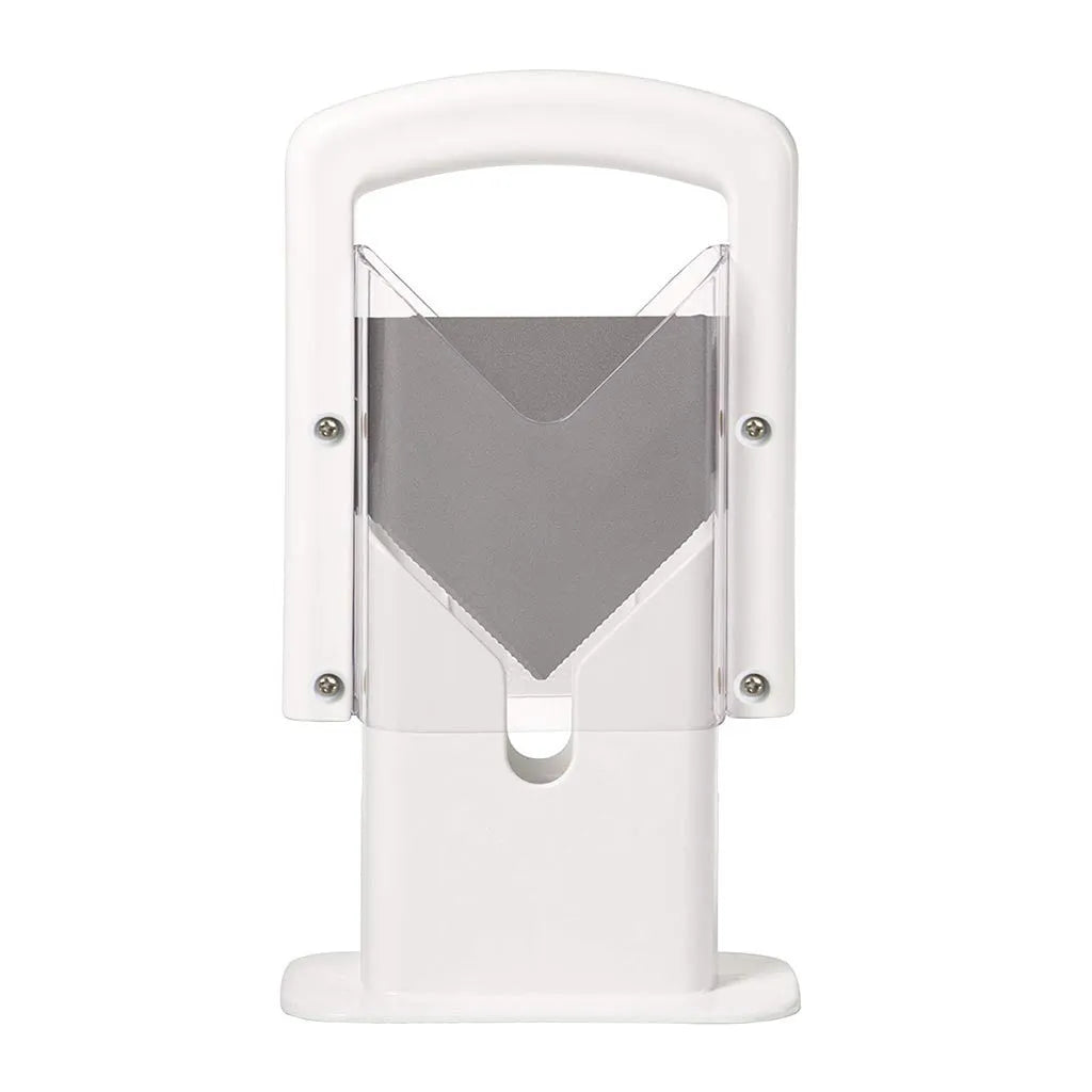 White plastic bagel guillotine slicer with clear acrylic safety shields and stainless steel serrated blade