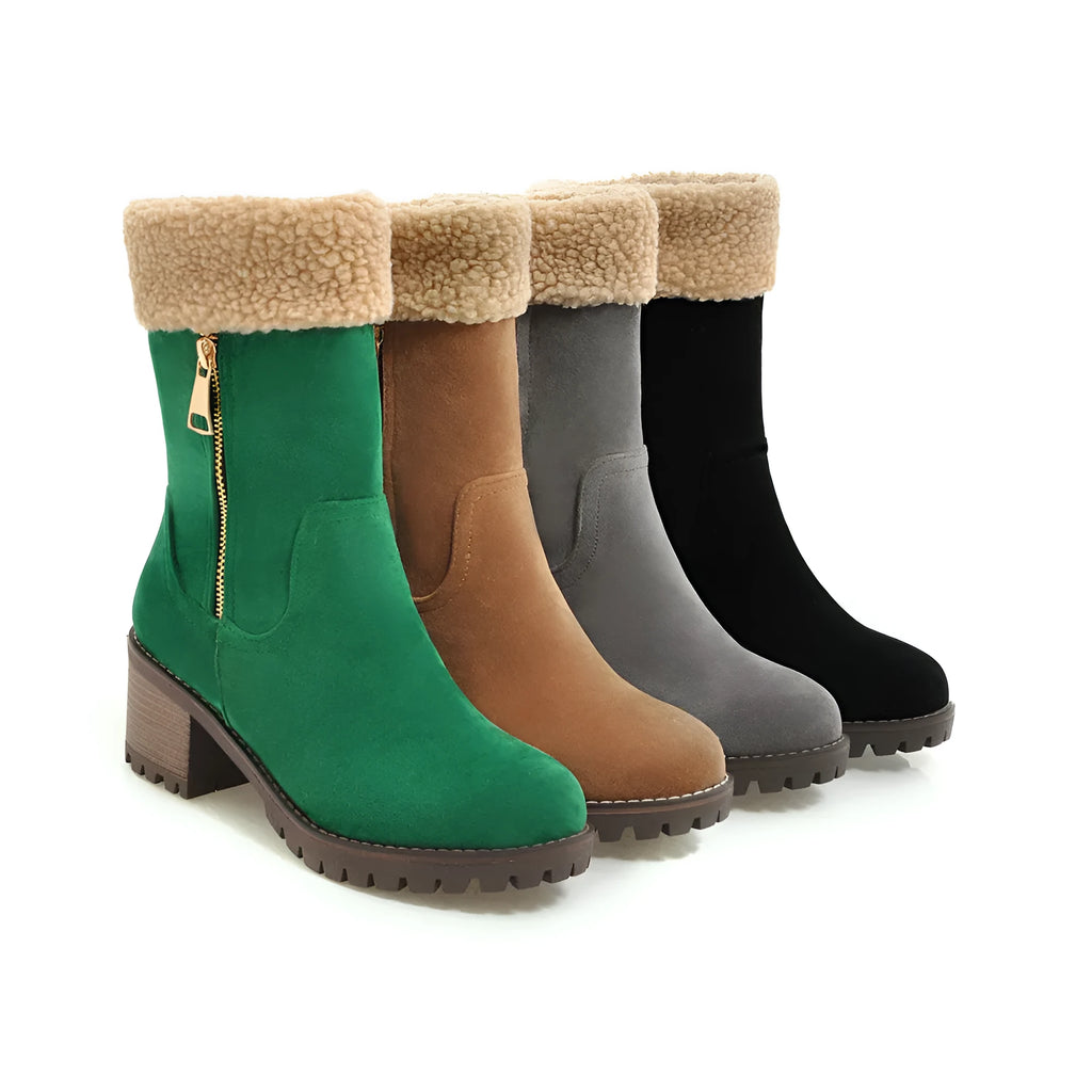 Black waterproof rubber snow boots with a thick sole and plush lining.