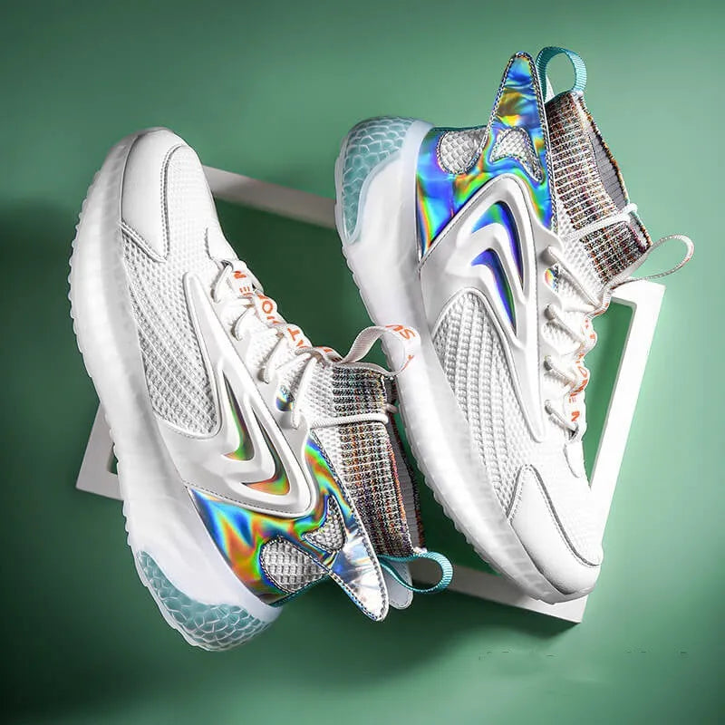 Men's casual mesh shoes with back-tie laces, non-slip rubber sole, white and blue colour