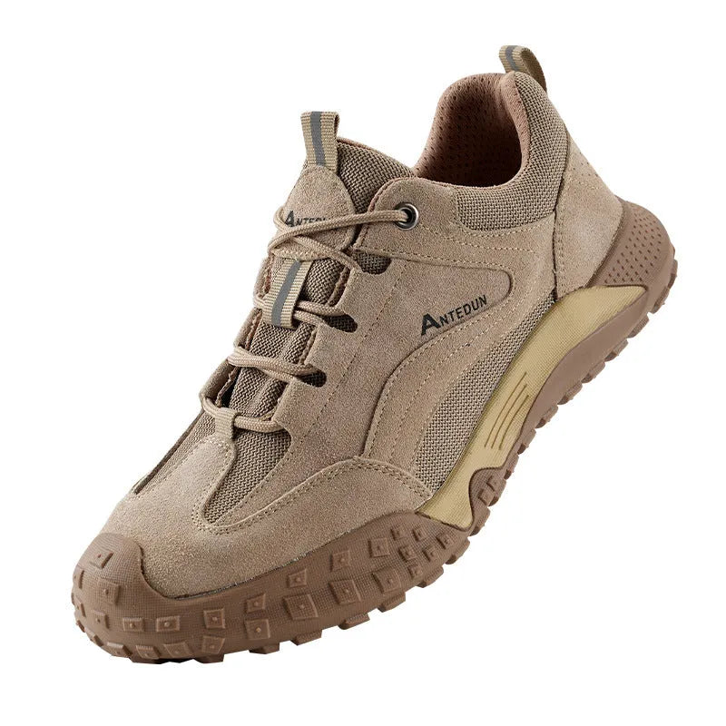 Men's khaki suede and canvas low-top safety shoes with lace-up closure and plastic steel toe for construction site use