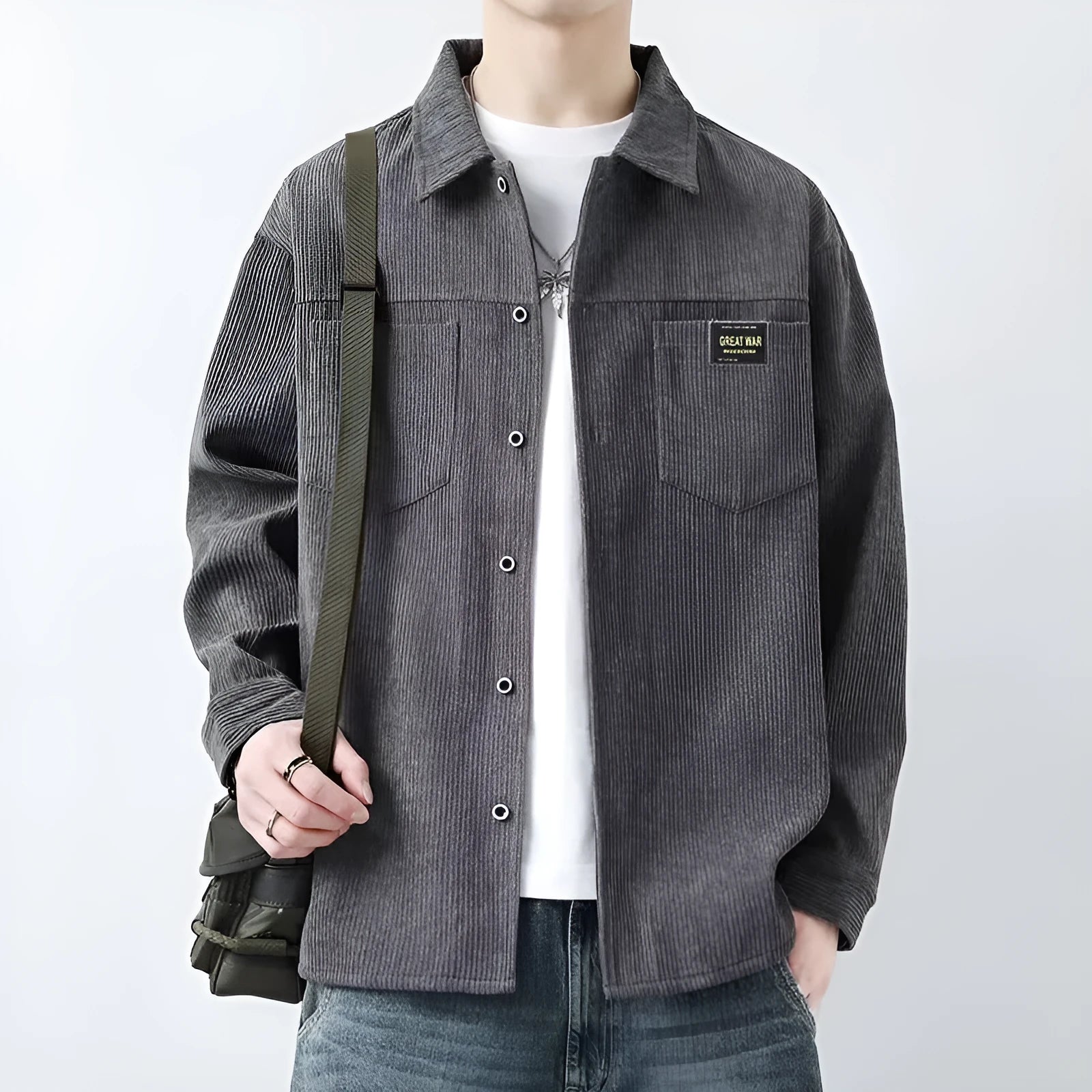 Men's corduroy casual jacket in cardigan style with long sleeves