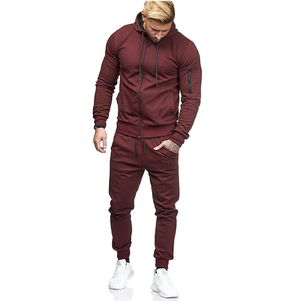 Men's sports suit cotton hooded long sleeve tracksuit set in five colours on model
