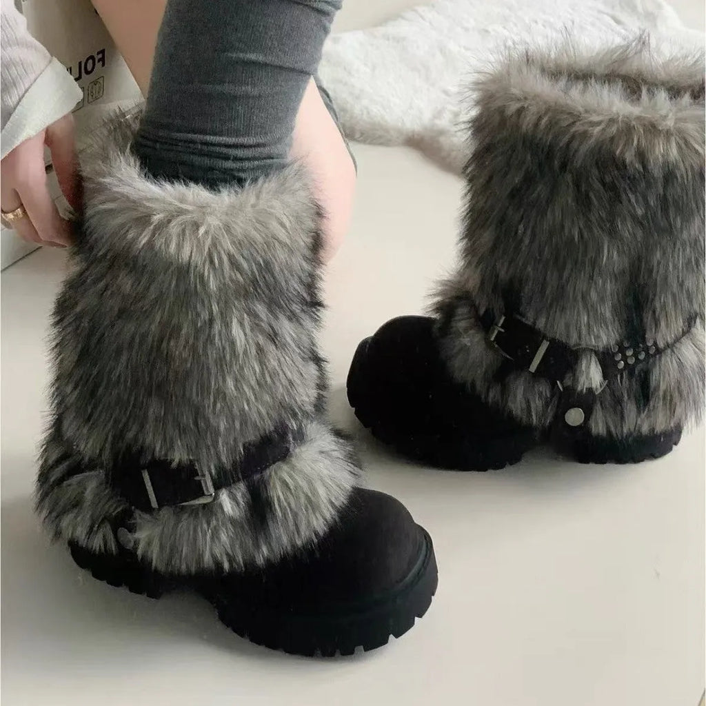 Women's furry snow boots in beige with colour block splicing, mid-calf shaft, and thick rubber sole