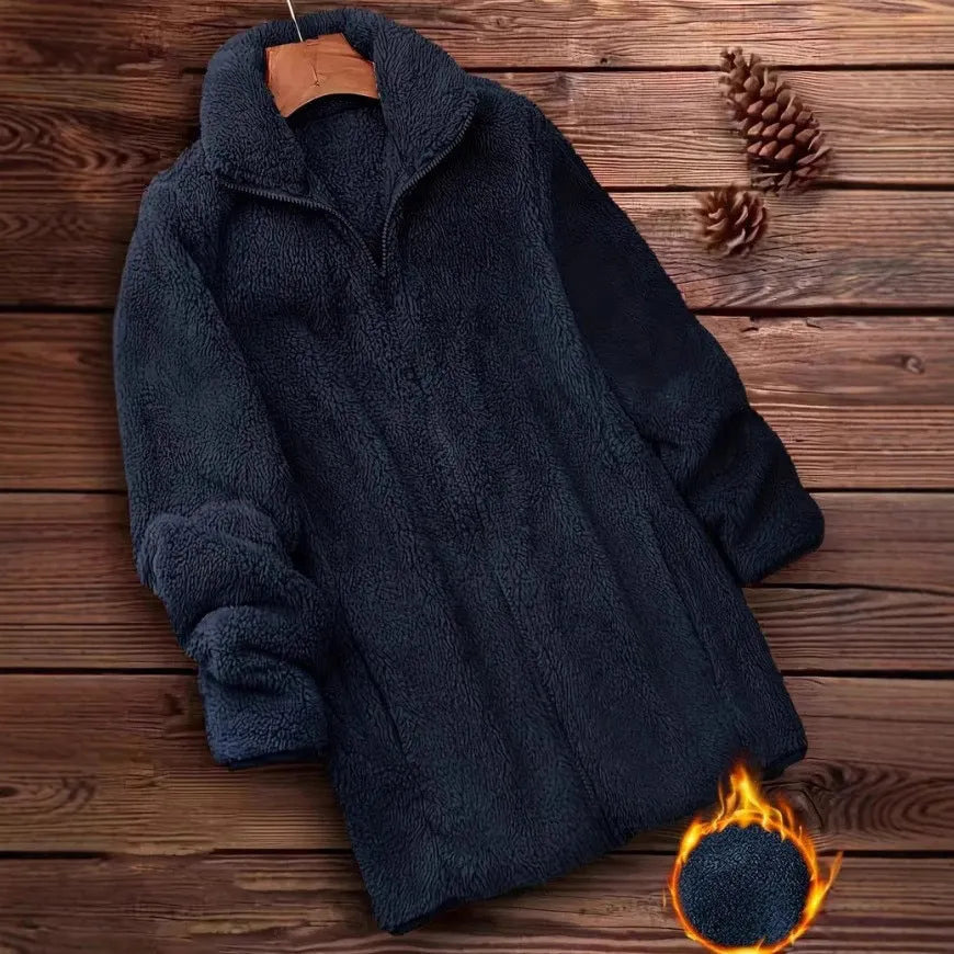 Double-sided fleece jacket in black, navy blue, or khaki with fleece lining and Asian-fit sizing